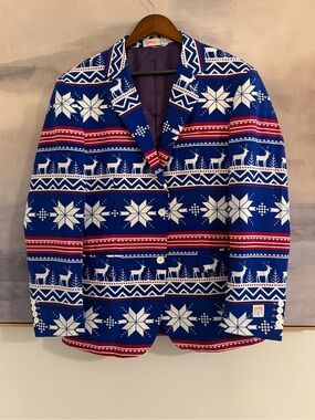 Men’s XL Festive Christmas Suit- Blue Reindeer Snowflake-‎ Jacket, Pants, Tie